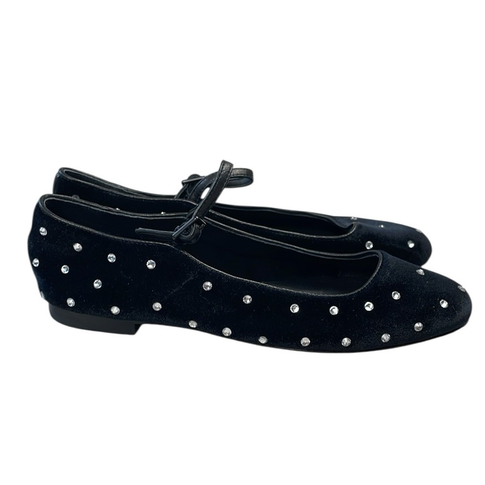 New L’Agence Black Velvet Rhinestone Crystal Mary Jane Ballet Flats Sz 6